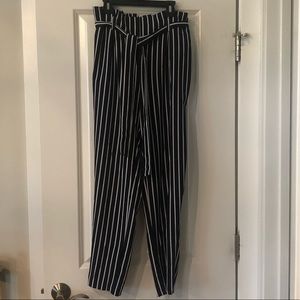 navy and white striped paper bag waist pants